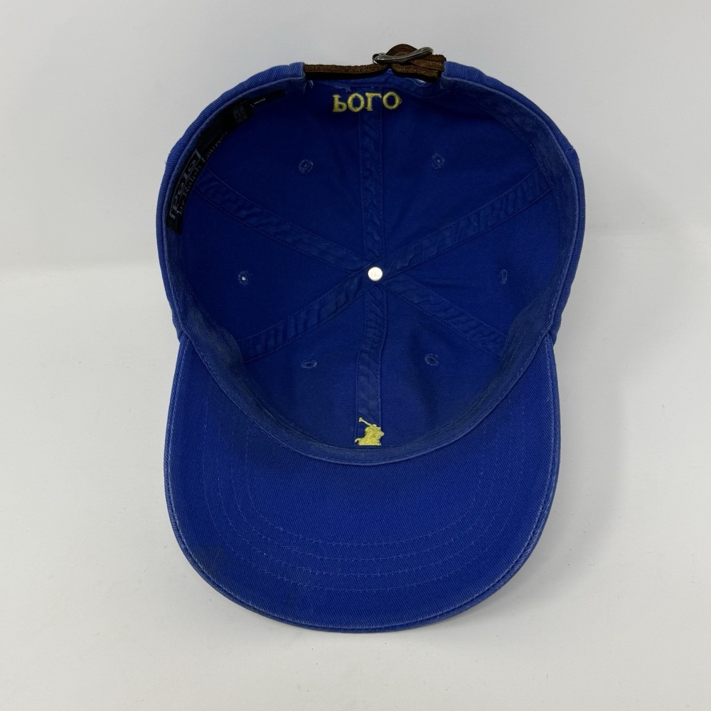 Vintage Polo Ralph Lauren Hat Cap Leather Strap Back Cotton Dad Blue Yellow Pony - Picture 8 of 10